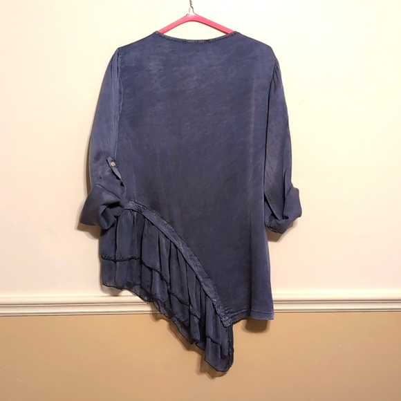 Vivian Shyu Silk steel-blue evening top w/ diagonal ruffle - Picture 2 of 7